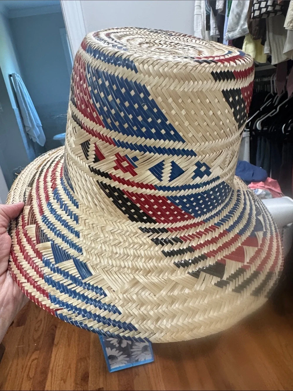Made in Venezuela Woven Straw Summer Hat • Red & Black Pattern • Boho Chic
